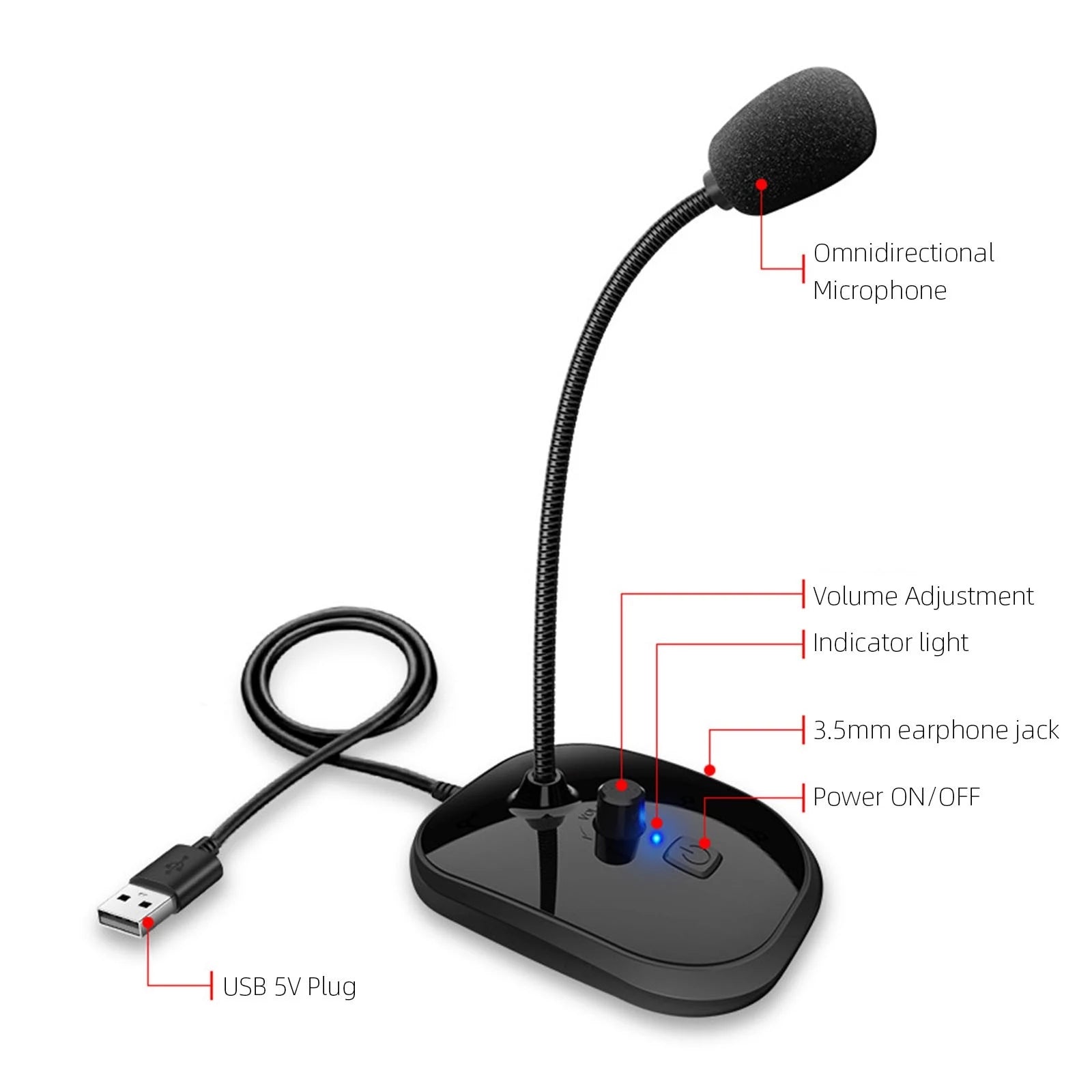 Gooseneck Computer Microphone with USB connection, featuring a sleek black design and flexible neck for optimal positioning.