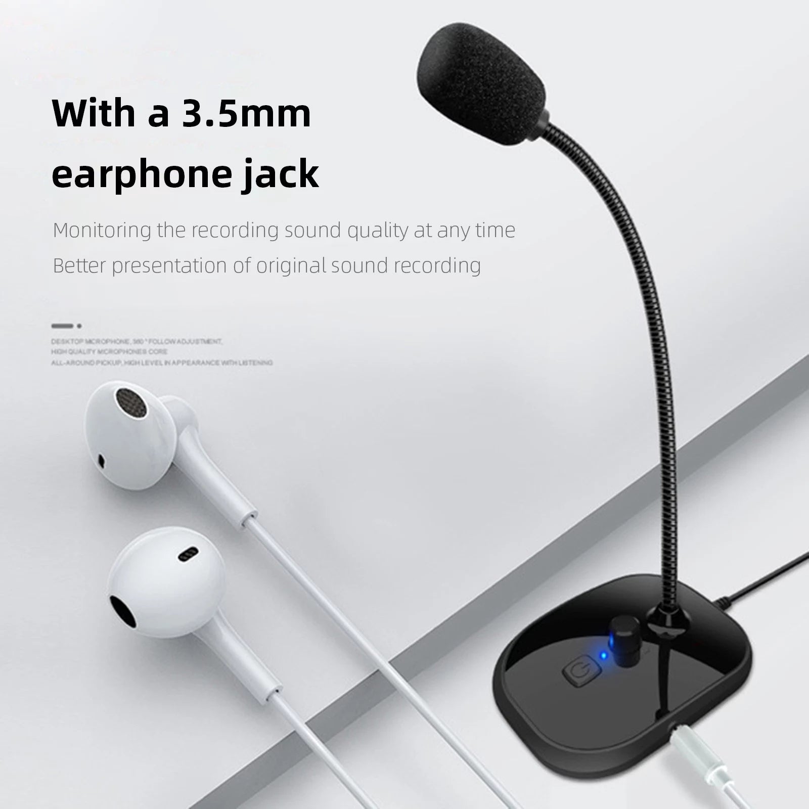 Gooseneck Computer Microphone with USB connection, featuring a sleek black design and flexible neck for optimal positioning.