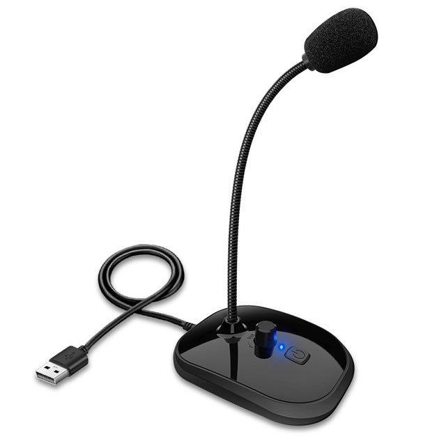 Gooseneck Computer Microphone with USB connection, featuring a sleek black design and flexible neck for optimal positioning.