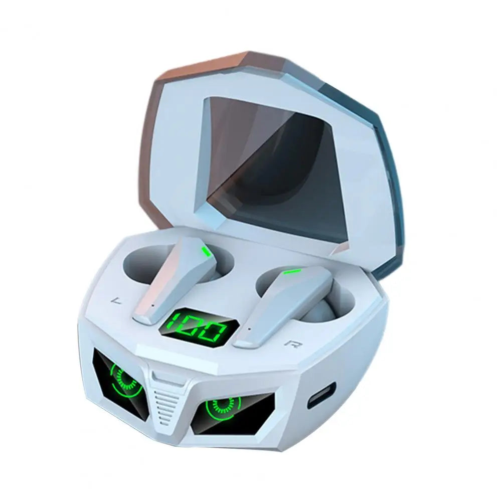 Handsfree Wireless Earphone with 400mAh battery, featuring a sleek design and LED digital display, ideal for gaming and music.