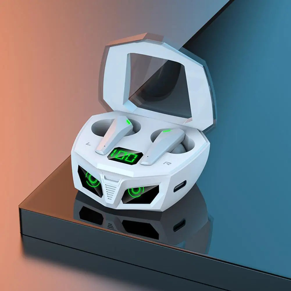 Handsfree Wireless Earphone with 400mAh battery, featuring a sleek design and LED digital display, ideal for gaming and music.