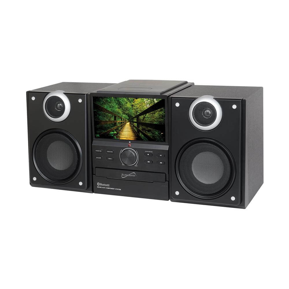 Hi-Fi Audio Micro System featuring Bluetooth, DVD player, and TV tuner with a 7-inch LCD display.