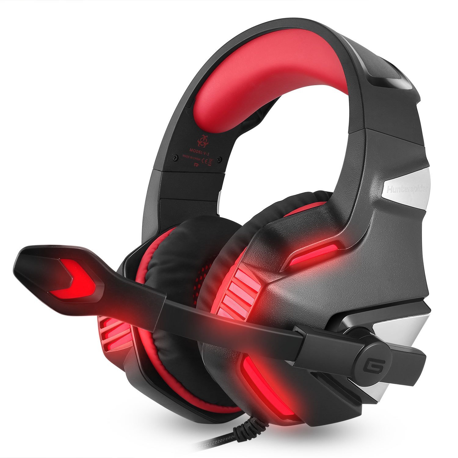 High quality wired computer headset with glowing LED lights, adjustable headband, and omnidirectional microphone, designed for gaming and multimedia use.