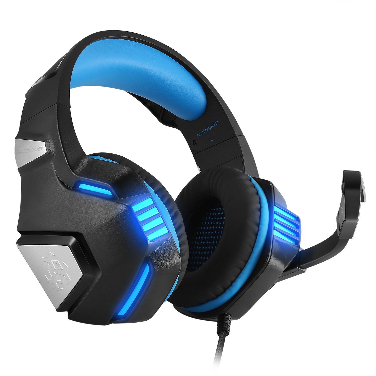 High quality wired computer headset with glowing LED lights, adjustable headband, and omnidirectional microphone, designed for gaming and multimedia use.