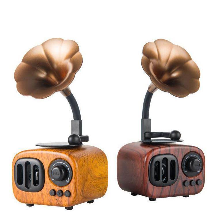 High Quality Gramophone Style Small Bluetooth Speaker featuring a vintage design with wood and plastic materials, showcasing its compact size and elegant aesthetics.