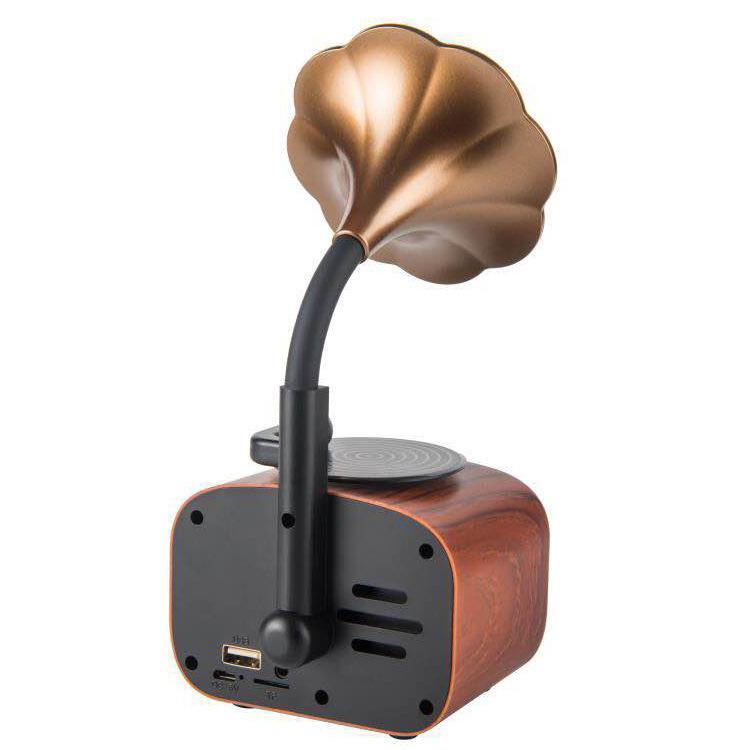 High Quality Gramophone Style Small Bluetooth Speaker featuring a vintage design with wood and plastic materials, showcasing its compact size and elegant aesthetics.