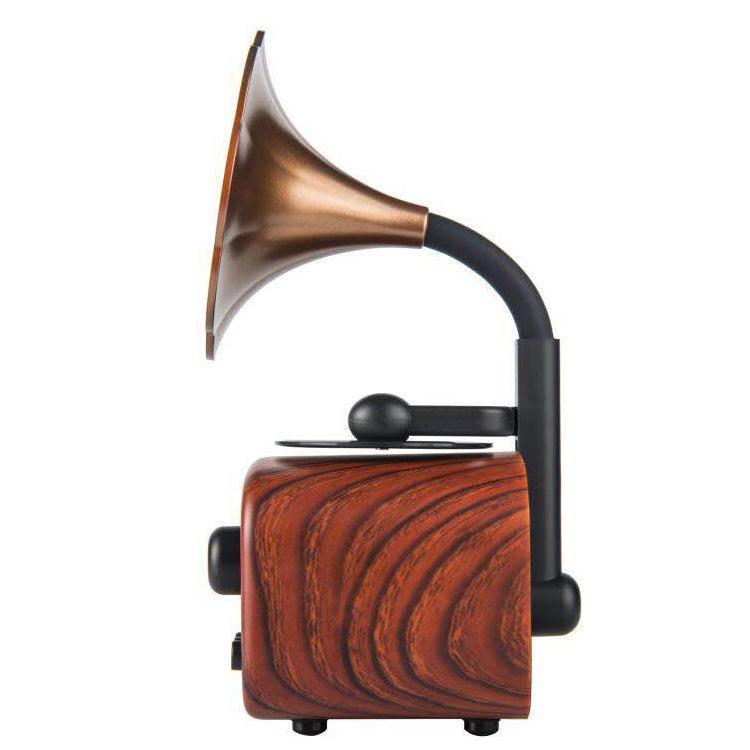 High Quality Gramophone Style Small Bluetooth Speaker featuring a vintage design with wood and plastic materials, showcasing its compact size and elegant aesthetics.