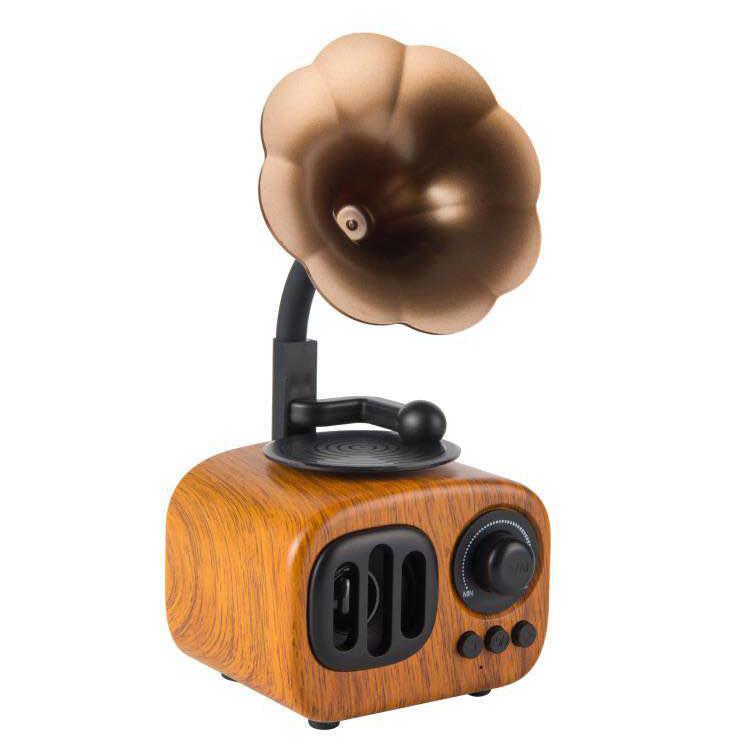 High Quality Gramophone Style Small Bluetooth Speaker featuring a vintage design with wood and plastic materials, showcasing its compact size and elegant aesthetics.