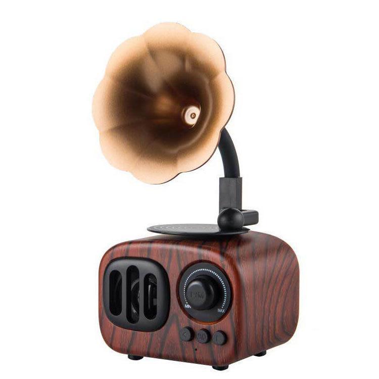 High Quality Gramophone Style Small Bluetooth Speaker featuring a vintage design with wood and plastic materials, showcasing its compact size and elegant aesthetics.