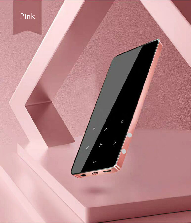 Lightweight Metal Touch Bluetooth MP4 player with headphones and bracelet, showcasing its sleek design and compact size.