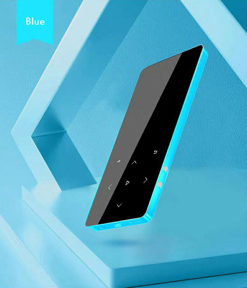 Lightweight Metal Touch Bluetooth MP4 player with headphones and bracelet, showcasing its sleek design and compact size.