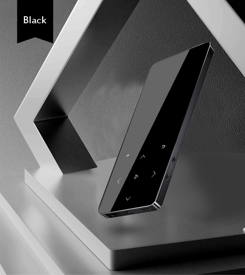 Lightweight Metal Touch Bluetooth MP4 player with headphones and bracelet, showcasing its sleek design and compact size.