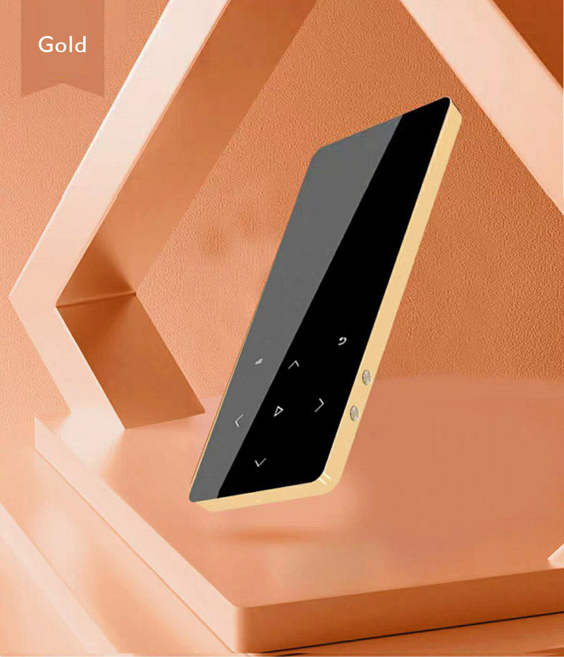 Lightweight Metal Touch Bluetooth MP4 player with headphones and bracelet, showcasing its sleek design and compact size.