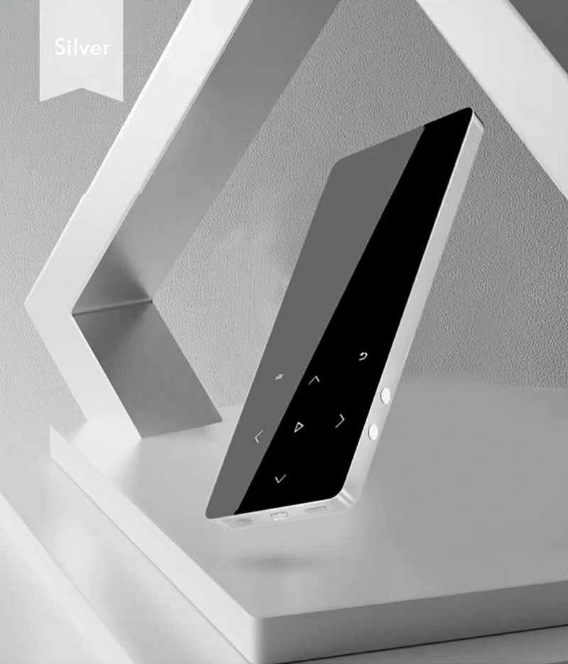 Lightweight Metal Touch Bluetooth MP4 player with headphones and bracelet, showcasing its sleek design and compact size.