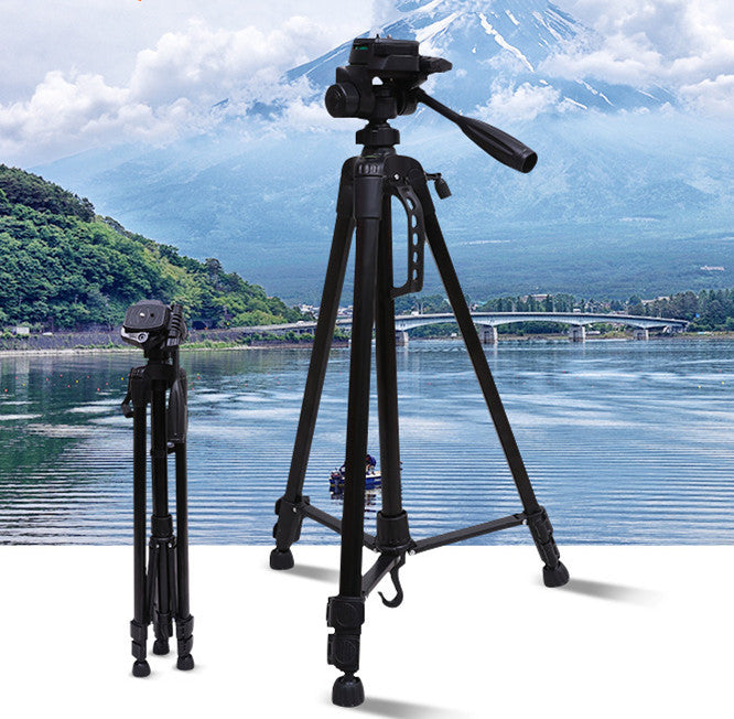 Portable Live Photography SLR Camera Tripod made of aluminum alloy and ABS, featuring a 3D PTZ head and compact design for easy transport.