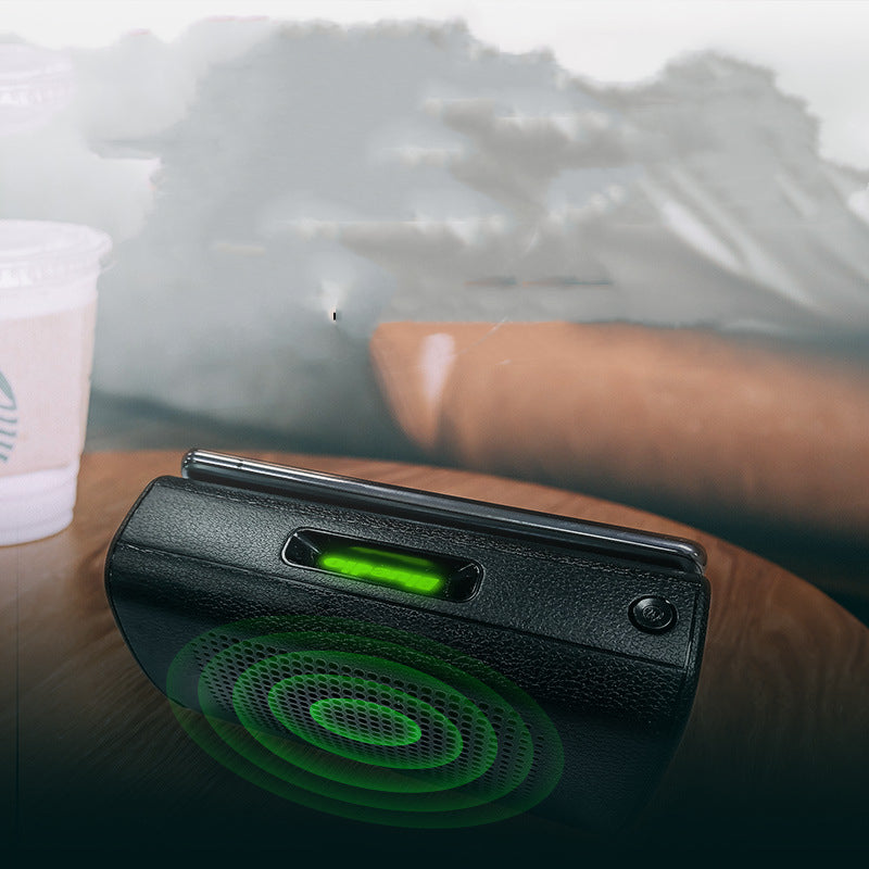 Magnetic Induction Wireless Smart Subwoofer Speaker in black, showcasing its sleek design and portable features.