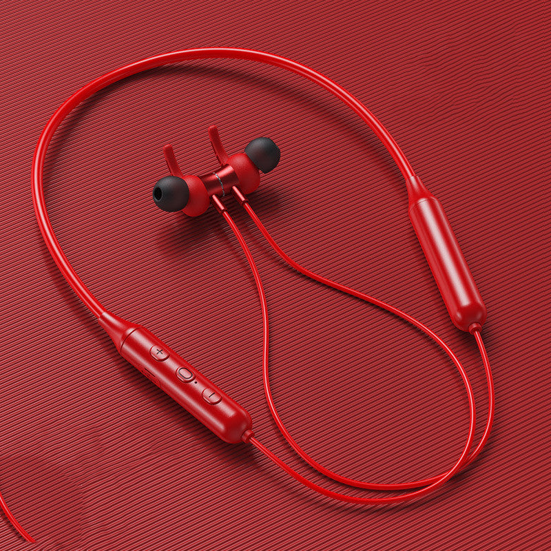 Magnetic Sucker Neck Sports Bluetooth Headset in red and black, showcasing its ergonomic neckband design and sleek appearance.
