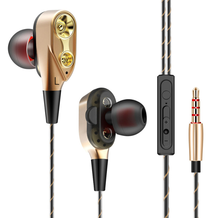 Metal in-ear headphones with wire control, featuring a sleek design and comfortable earplugs.