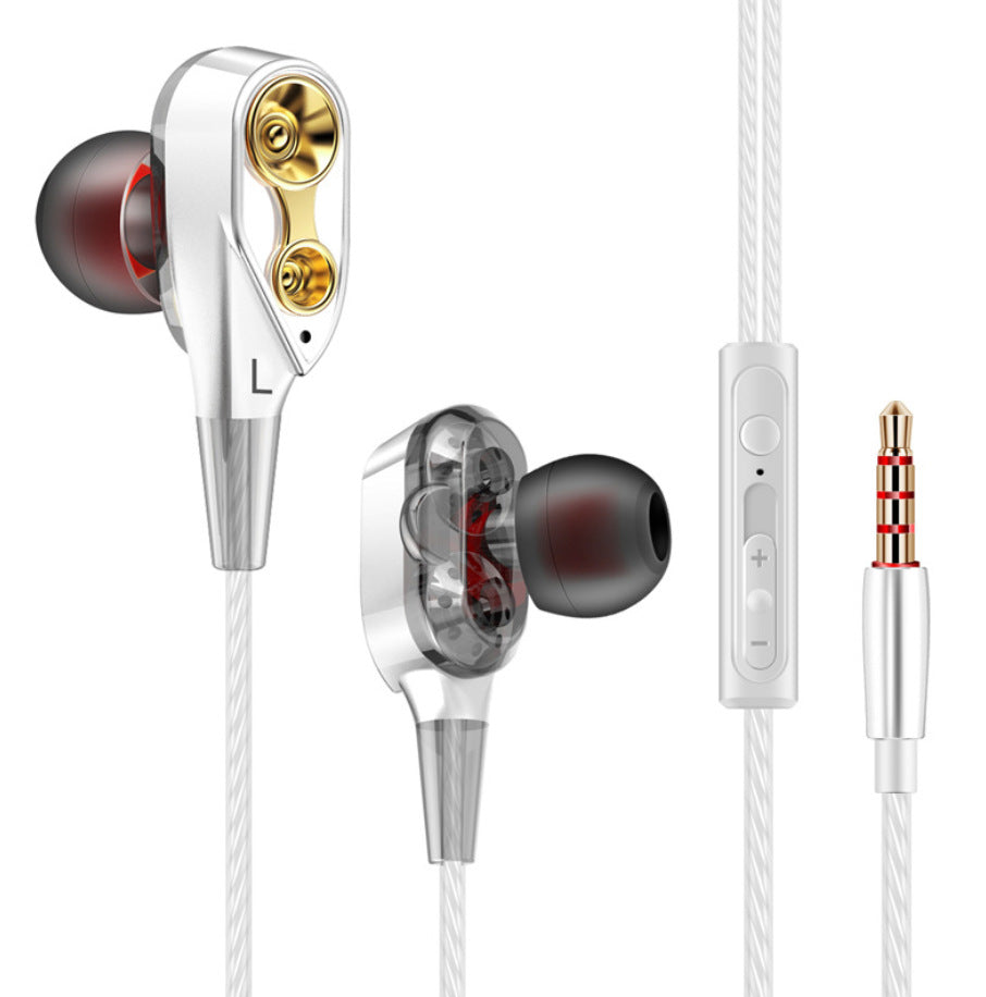 Metal in-ear headphones with wire control, featuring a sleek design and comfortable earplugs.