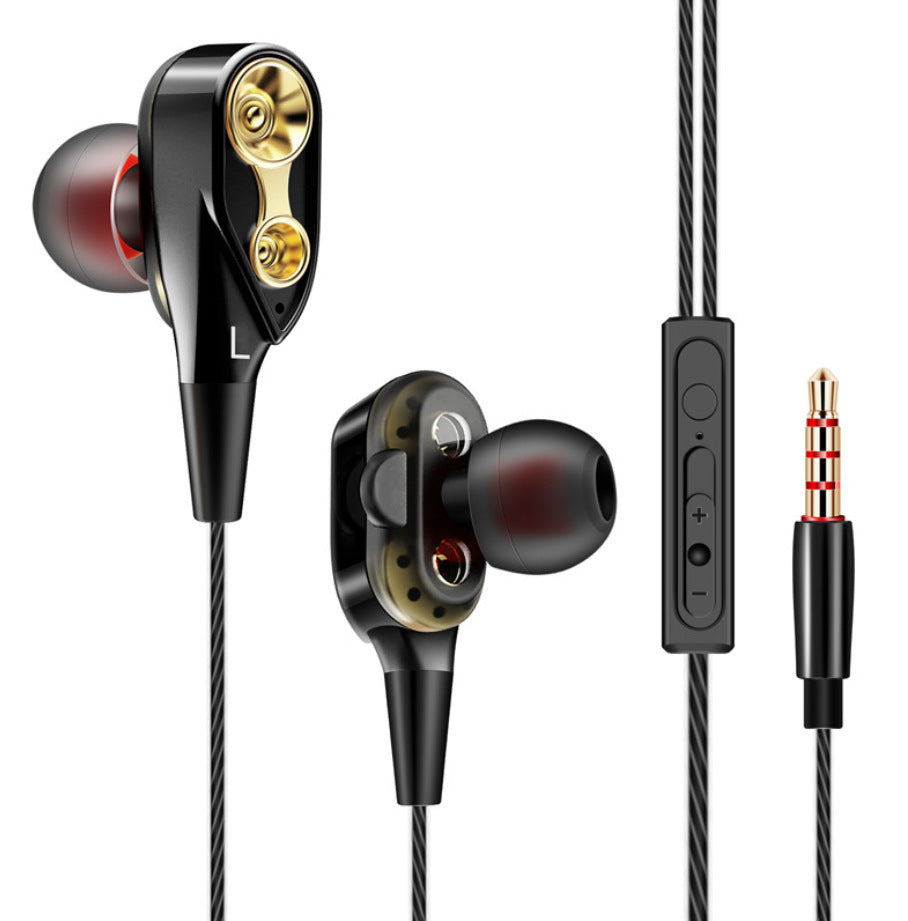 Metal in-ear headphones with wire control, featuring a sleek design and comfortable earplugs.