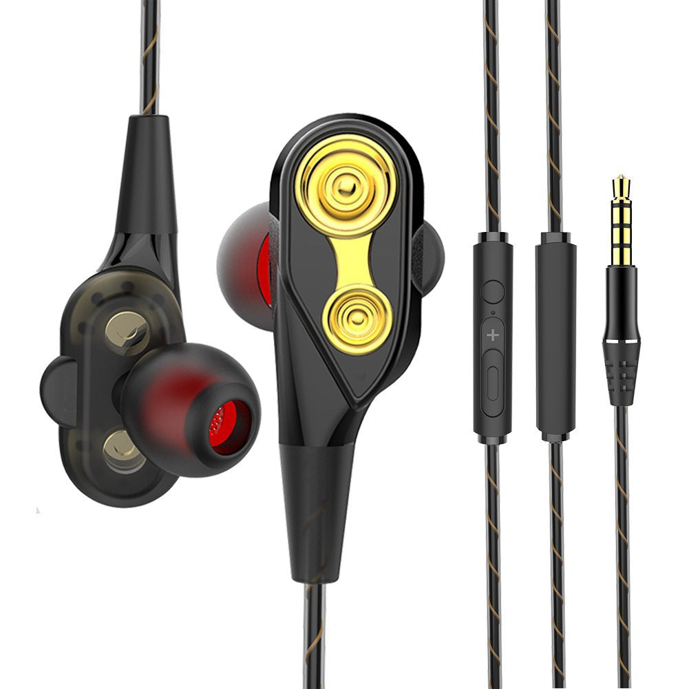 Metal in-ear headphones with wire control, featuring a sleek design and comfortable earplugs.