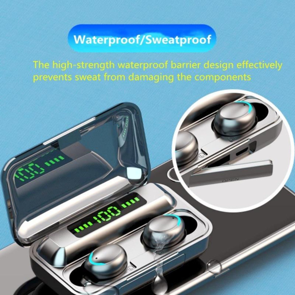 Ninja Dragons BTMAX Bluetooth earbuds with a sleek design and charging case, showcasing advanced technology and waterproof features.