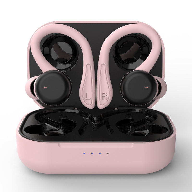 Noise-cancelling Hanging Ear Touch Sports True Wireless headphones with removable ear hooks and charging case, designed for comfort and performance.