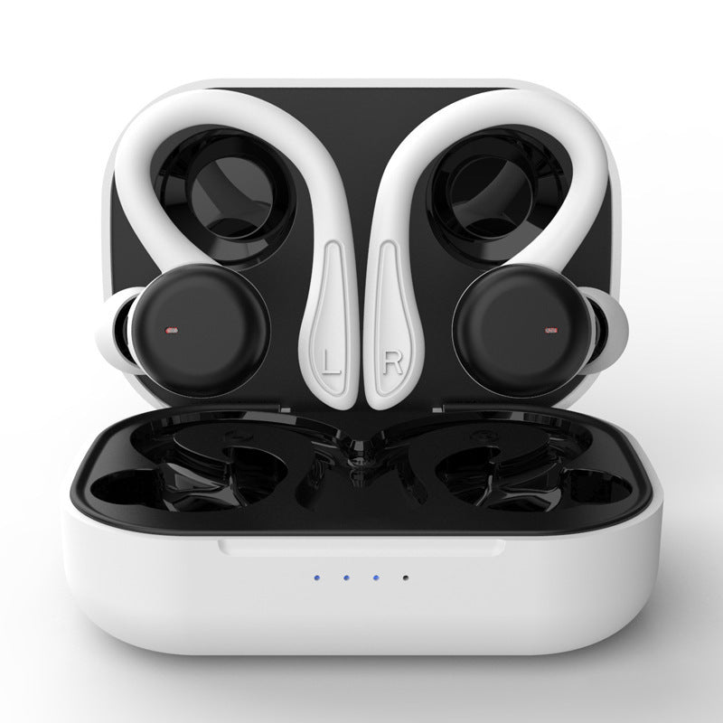 Noise-cancelling Hanging Ear Touch Sports True Wireless headphones with removable ear hooks and charging case, designed for comfort and performance.