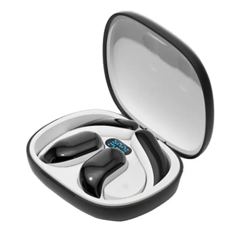 Open Ear Wireless Sport Earbuds in black, showcasing their sleek design and open ear technology for enhanced awareness.