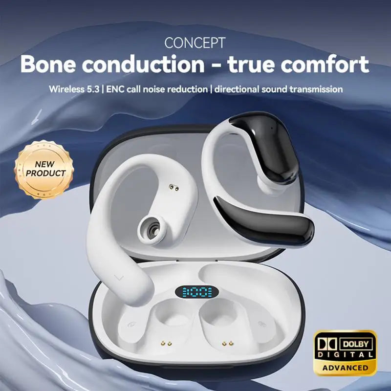 Open Ear Wireless Sport Earbuds in black, showcasing their sleek design and open ear technology for enhanced awareness.