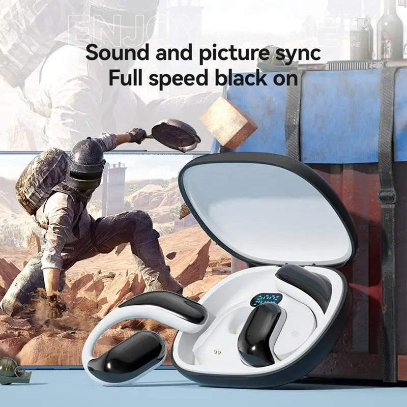 Open Ear Wireless Sport Earbuds in black, showcasing their sleek design and open ear technology for enhanced awareness.