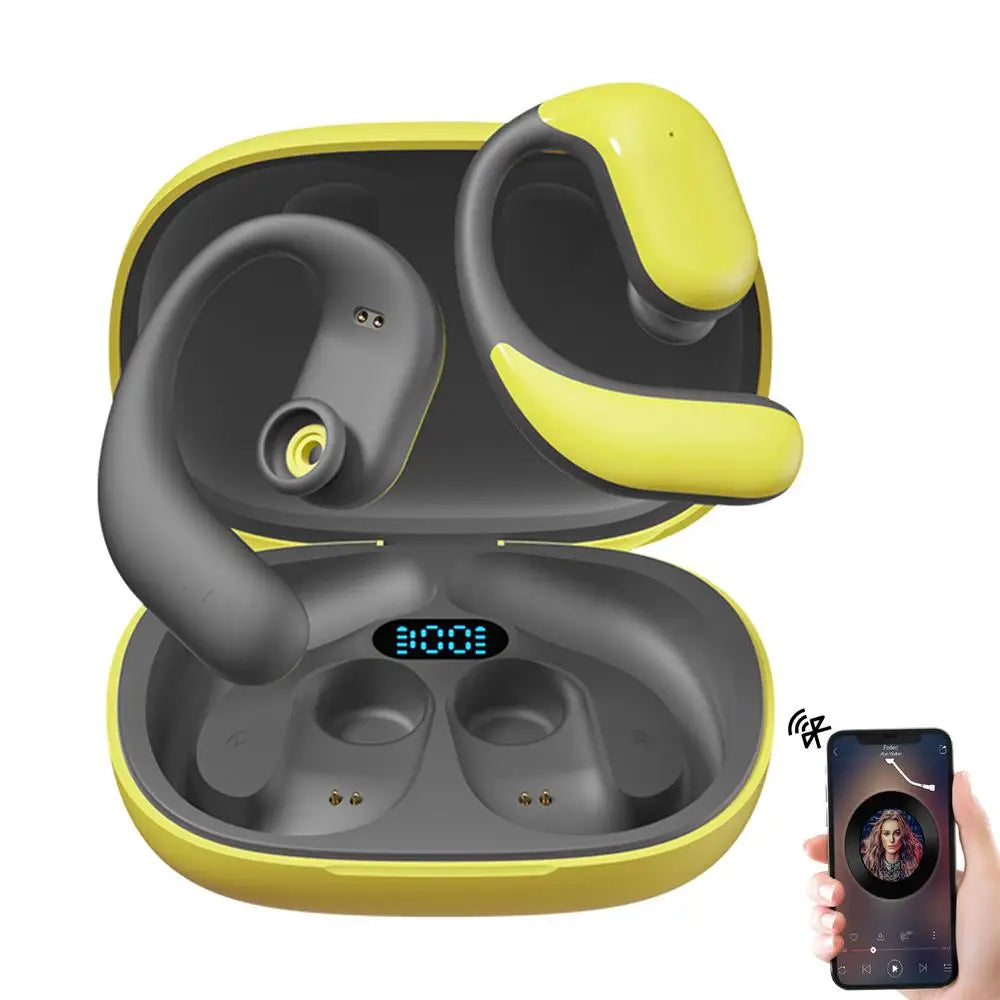 Open Ear Wireless Sport Earbuds in black, showcasing their sleek design and open ear technology for enhanced awareness.