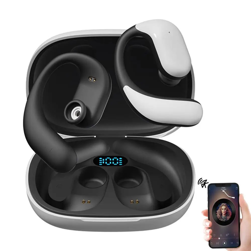 Open Ear Wireless Sport Earbuds in black, showcasing their sleek design and open ear technology for enhanced awareness.