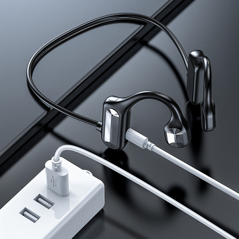 Over-ear Sports Wireless Bone Conduction Bluetooth Headset in black, showcasing its sleek design and comfortable fit for active users.