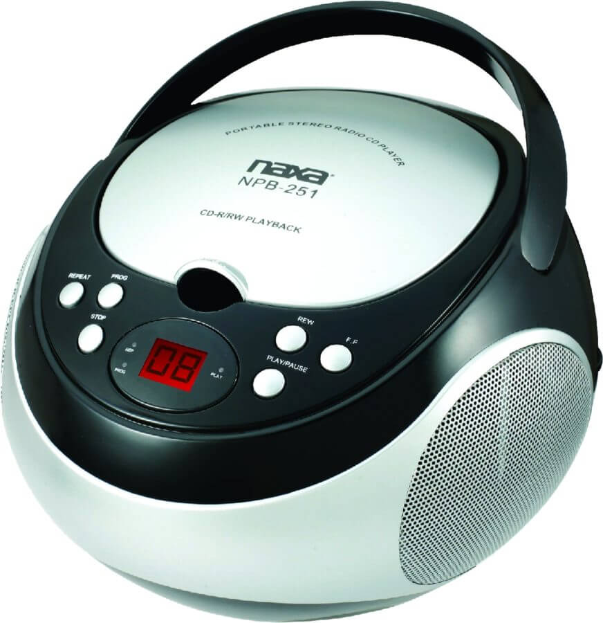 Naxa Portable CD Player with AM/FM Stereo Radio in Black, showcasing its top-loading design and LED display.