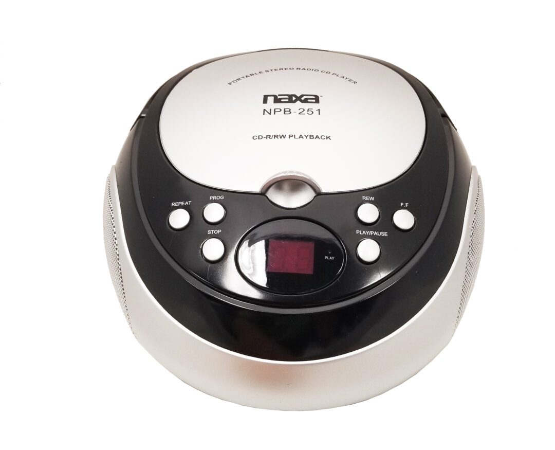 Naxa Portable CD Player with AM/FM Stereo Radio in Black, showcasing its top-loading design and LED display.