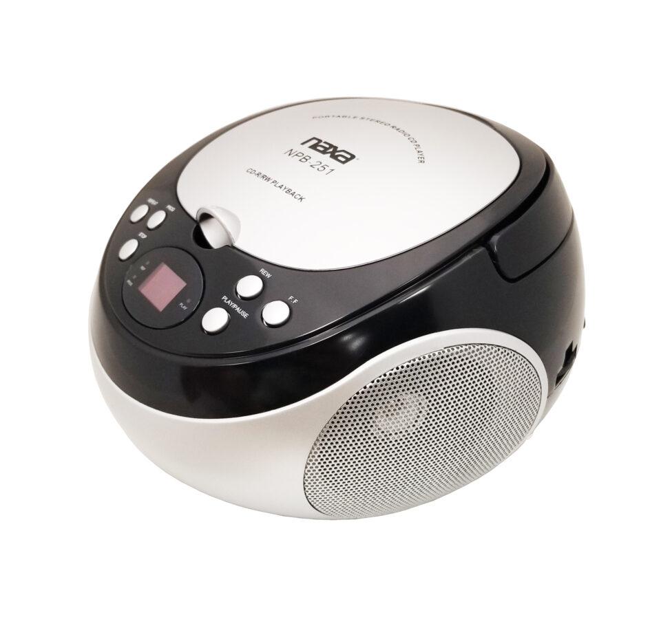 Naxa Portable CD Player with AM/FM Stereo Radio in Black, showcasing its top-loading design and LED display.