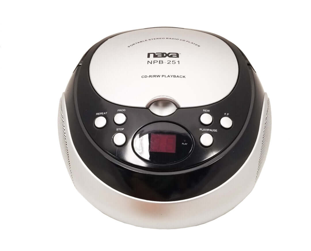 Naxa Portable CD Player with AM/FM Stereo Radio in Black, showcasing its top-loading design and LED display.