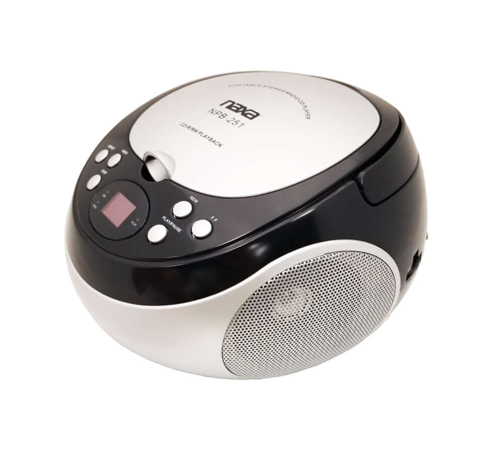 Naxa Portable CD Player with AM/FM Stereo Radio in Black, showcasing its top-loading design and LED display.