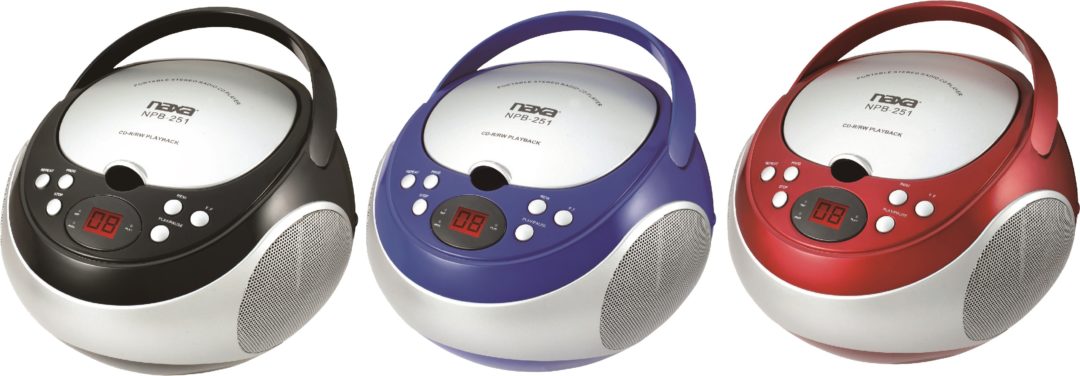 Naxa Portable CD Player with AM/FM Stereo Radio in Black, showcasing its top-loading design and LED display.