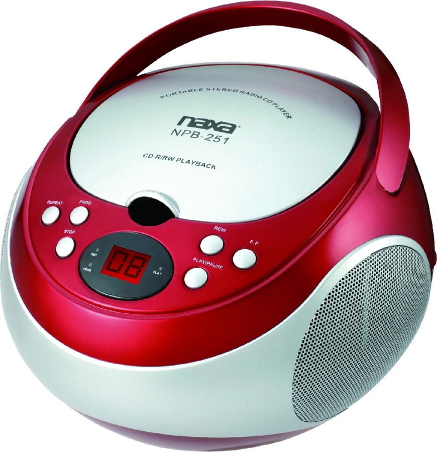 Naxa Portable CD Player with AM/FM Stereo Radio in Black, showcasing its top-loading design and LED display.