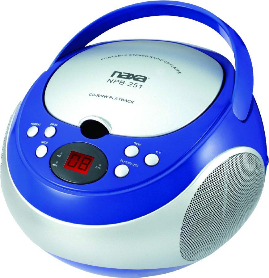 Naxa Portable CD Player with AM/FM Stereo Radio in Black, showcasing its top-loading design and LED display.