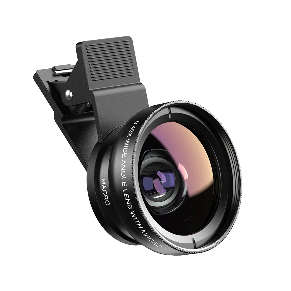 Professional Phone Camera Lens set featuring 12.5x macro and 0.45x wide-angle lenses, universal clip, and carrying bag.
