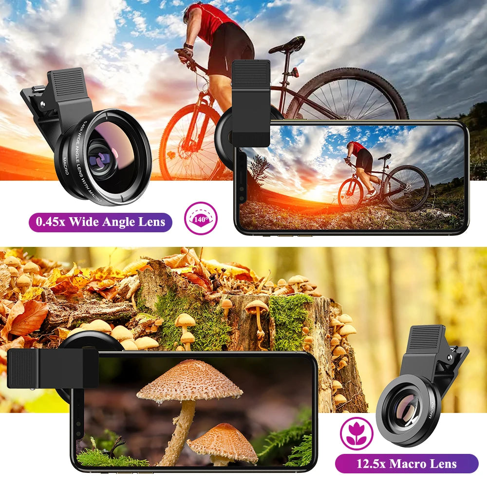 Professional Phone Camera Lens set featuring 12.5x macro and 0.45x wide-angle lenses, universal clip, and carrying bag.