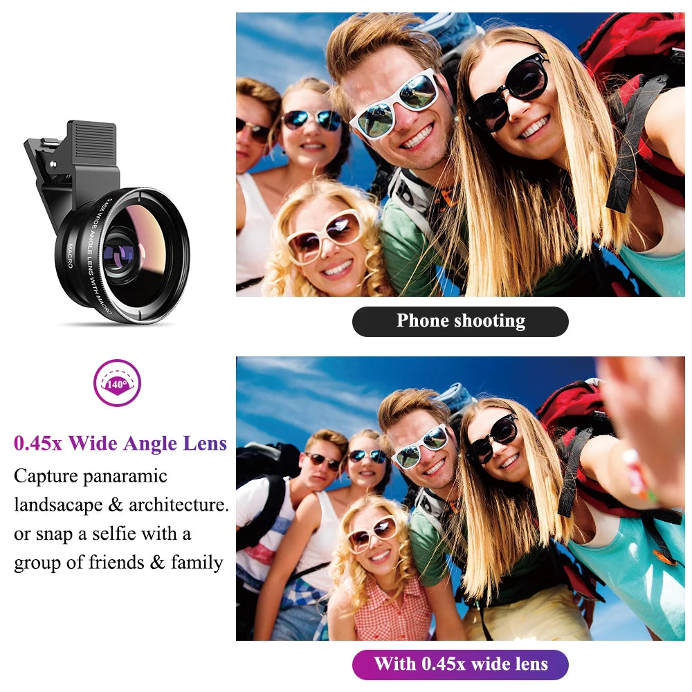 Professional Phone Camera Lens set featuring 12.5x macro and 0.45x wide-angle lenses, universal clip, and carrying bag.