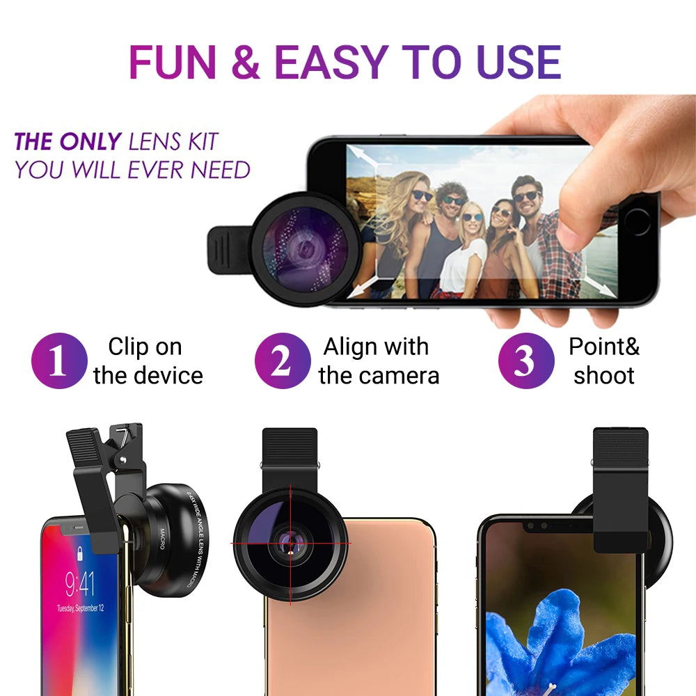 Professional Phone Camera Lens set featuring 12.5x macro and 0.45x wide-angle lenses, universal clip, and carrying bag.