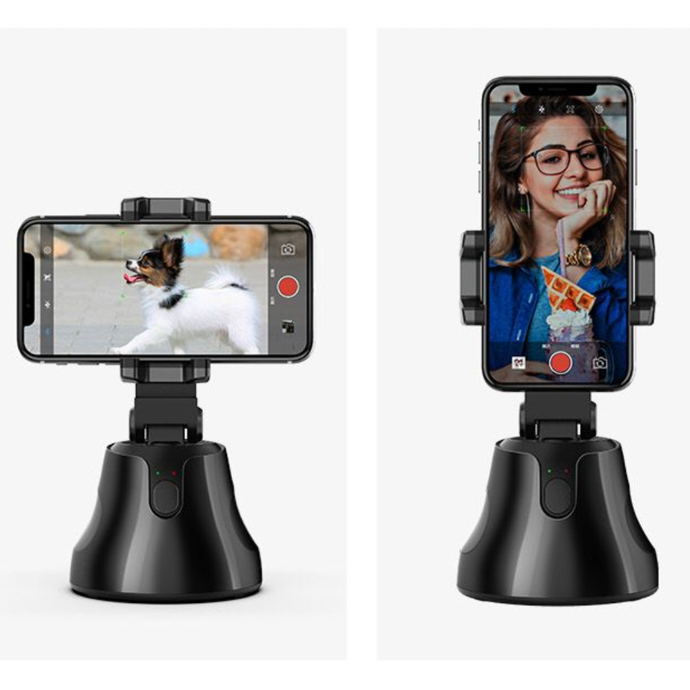 Revolving Follow Me Auto Selfie Holder showcasing 360-degree rotation and smart face recognition technology, ideal for selfies and vlogging.