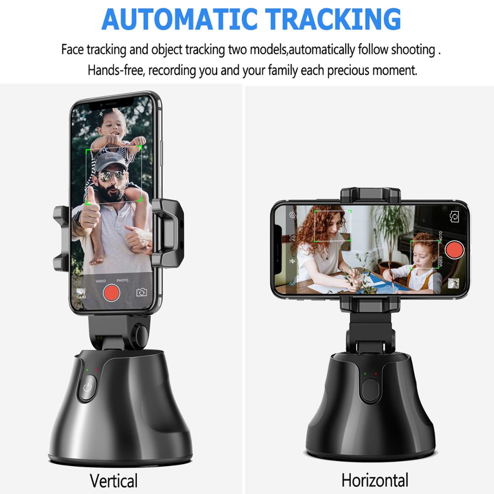 Revolving Follow Me Auto Selfie Holder showcasing 360-degree rotation and smart face recognition technology, ideal for selfies and vlogging.