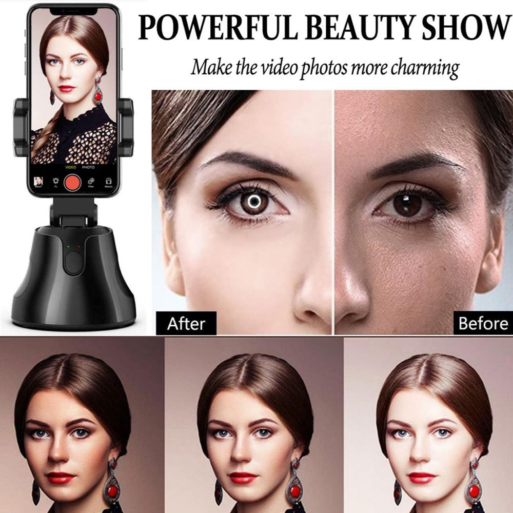 Revolving Follow Me Auto Selfie Holder showcasing 360-degree rotation and smart face recognition technology, ideal for selfies and vlogging.