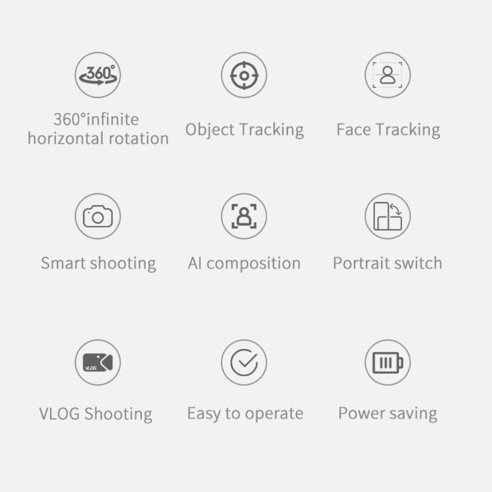 Revolving Follow Me Auto Selfie Holder showcasing 360-degree rotation and smart face recognition technology, ideal for selfies and vlogging.